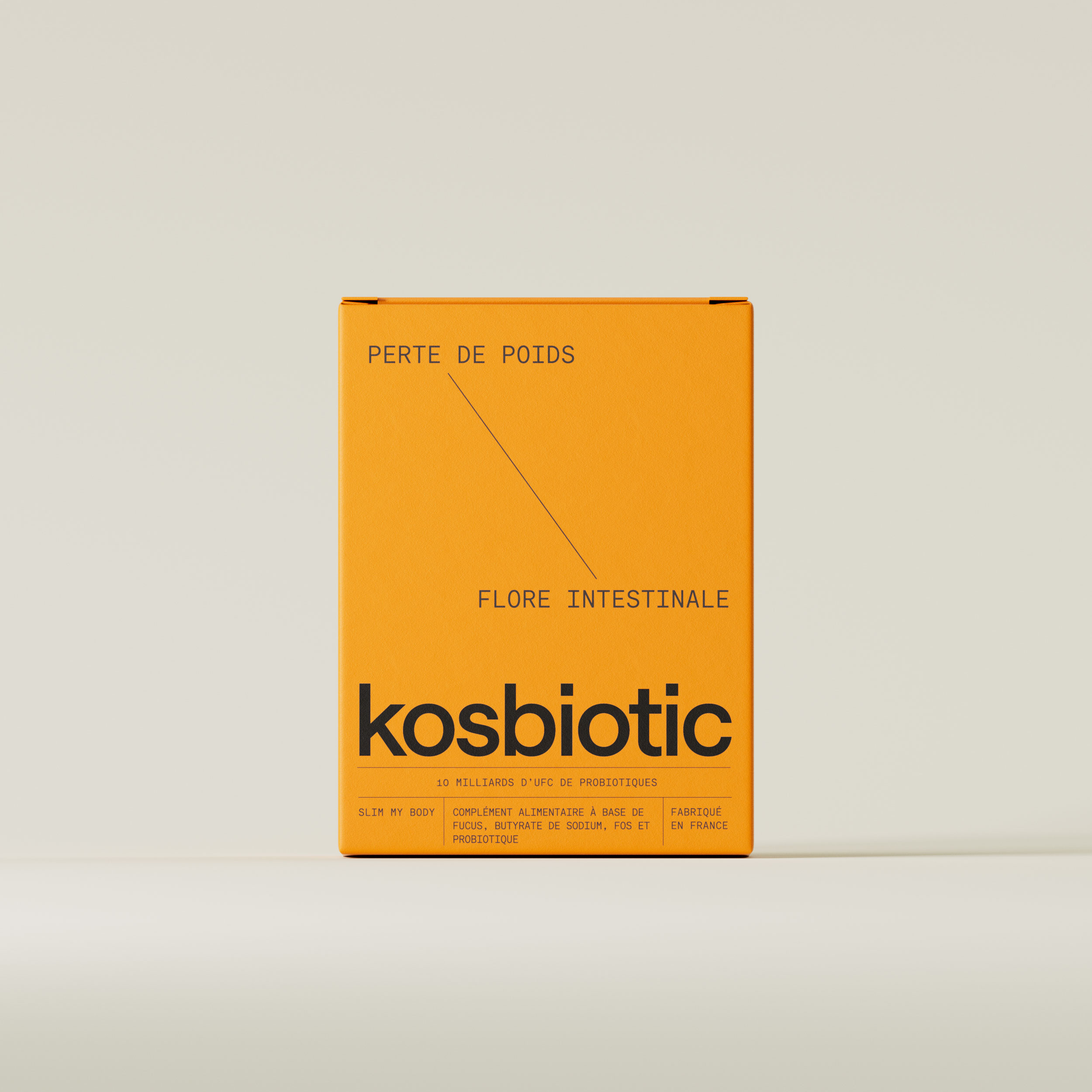 Boîte de complément alimentaire Kosbiotic pour la perte de poids et la flore intestinale, fabriqué en France.